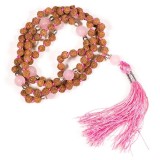 Rudraksha e Cuartzo Rosa com Borla Rosa - Japa Mala